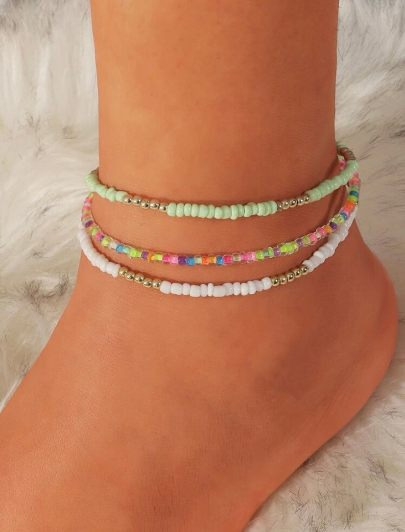 Rainbow Beaded Anklet Set