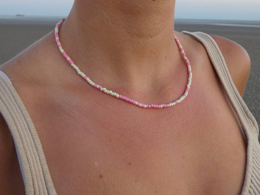 Pink and White Beaded Necklace