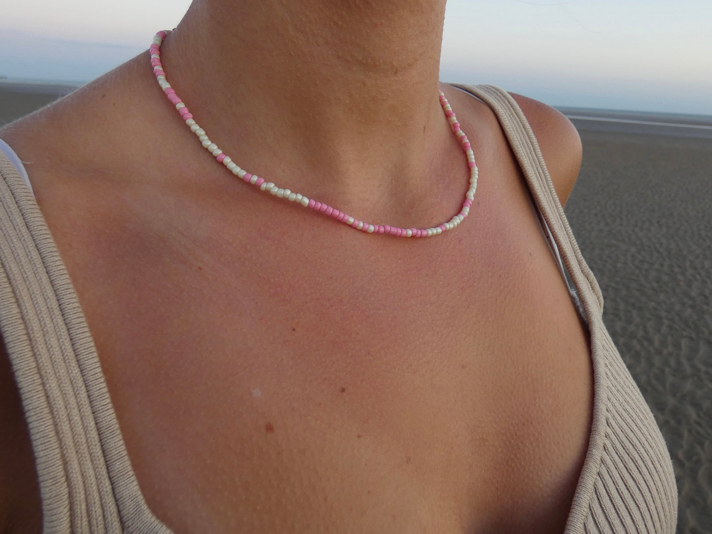 Pink and White Beaded Necklace